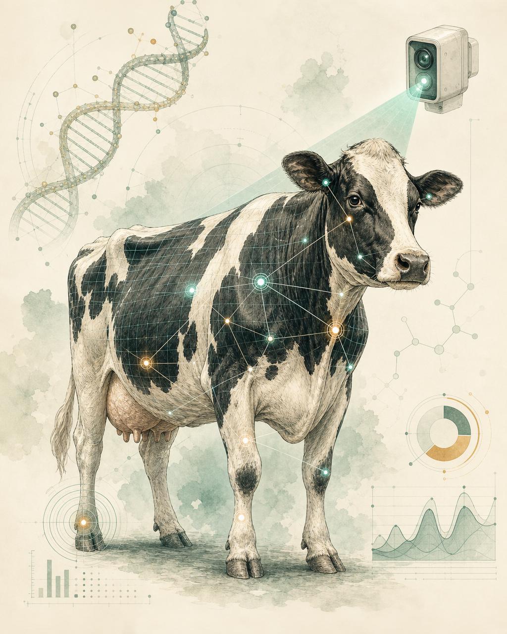 Scientific illustration of a dairy cow with AI vision scanning grid, biometric markers, DNA helix and real-time health telemetry